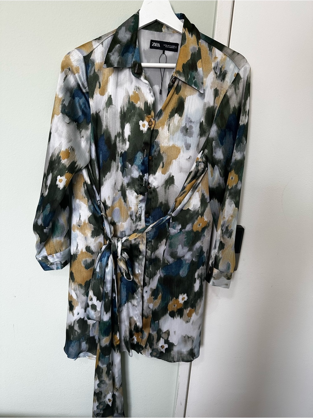 Zara Olive, Navy & Mustard Abstract Floral Shirt Dress